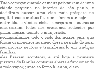 TUDO COMEÇOU QUANDO OS MEUS PAIS SAIRAM DE UMA CIDADE PEQUENA NO INTERIOR DE SÃO PAULO, E DECIDIRAM BUSCAR UMA VIDA MAIS PRÓSPERA NA CAPITAL. COMO MUITOS FIZERAM E FAZEM ATÉ HOJE. ENTRE IDAS E VINDAS, CICLOS COMEÇARAM E OUTROS SE ENCERRARAM, TODOS NOS CRESCEMOS RODEADOS POR PIZZA, MASSA, TOMATE E MANJERICÃO. ACOMPANHAMOS TODO O CICLO DOS NOSSOS PAIS, QUE FORAM OS PIONEIROS NO INICIO DESSA JORNADA DE GERIR SEU PRÓPRIO NEGÓCIO E TRANSFORMÁ-LO EM TRADIÇÃO FAMILIAR. ELES FIZERAM ACONTECER, E ATÉ HOJE A PRIMEIRA PIZZARIA DA FAMÍLIA CONTINUA ABERTA E FUNCIONANDO A TODO VAPOR, JUNTO AO FORNO À LENHA, CLARO